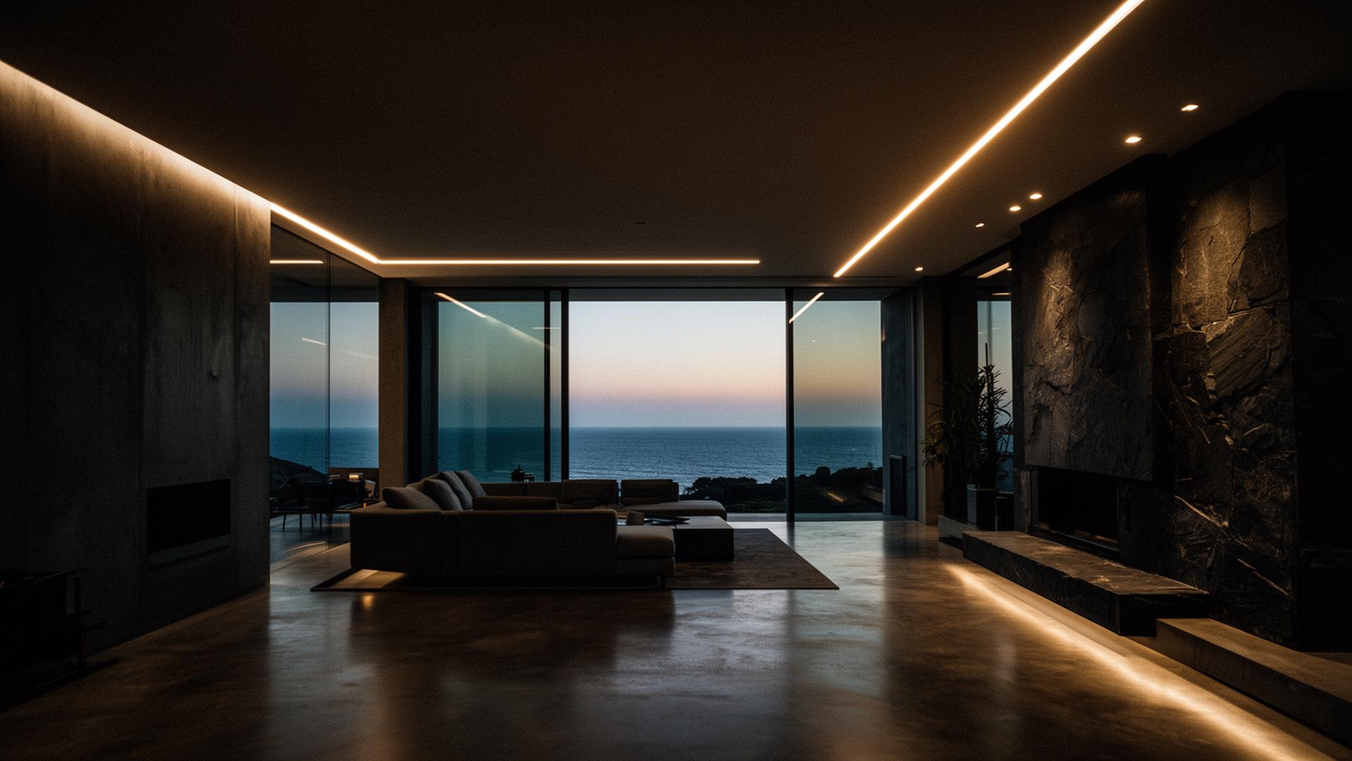 Luxury coastal residence at dusk with architectural lighting